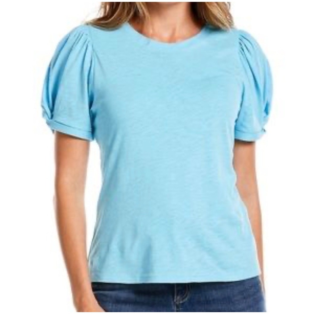 Ella Rafaella Women XL Turquoise Organic Cotton‎ Puff Sleeve Slub Knit Top Blue